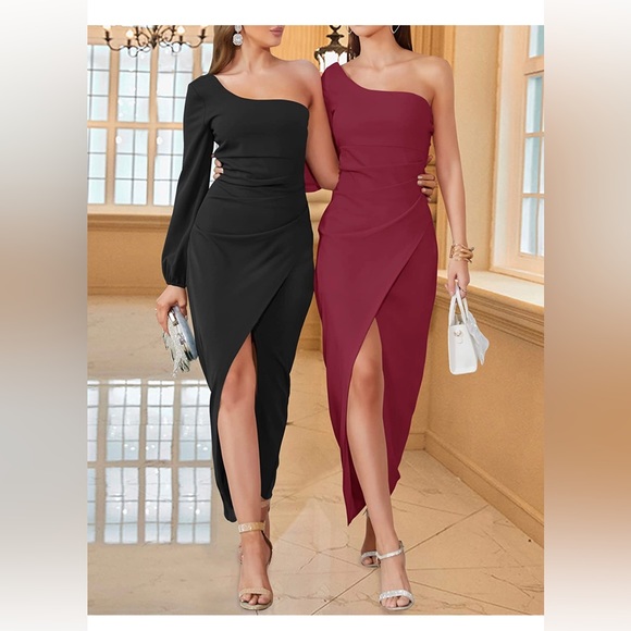 One Shoulder Long Sleeve Sexy High Slit Ruched Bodycon Wedding Party Maxi Dress - Picture 5 of 8
